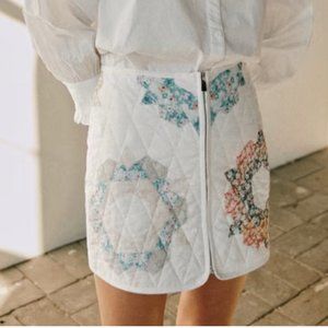 Sezane White Quilted Mini Skirt with Floral Patchwork